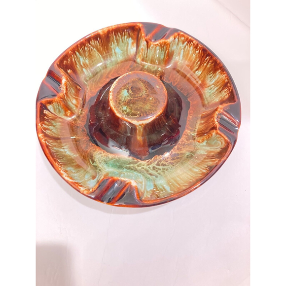 Vintage Ceramic 70s Large Ashtray Green Brown Glaze MCM USA Pottery Cottagecore